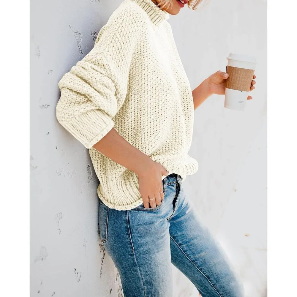 Women’s Oversized Turtleneck Sweater Chunky Knit Batwing Long Sleeve Pullover